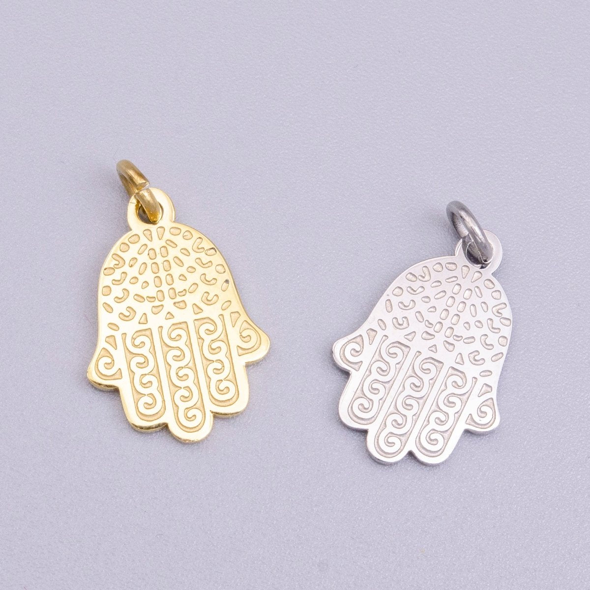 Stainless Steel Hamsa Hand Curl Doodle Engraved Charm in Gold &amp; Silver | P-917