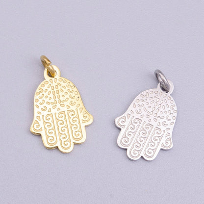 Stainless Steel Hamsa Hand Curl Doodle Engraved Charm in Gold &amp; Silver | P-917