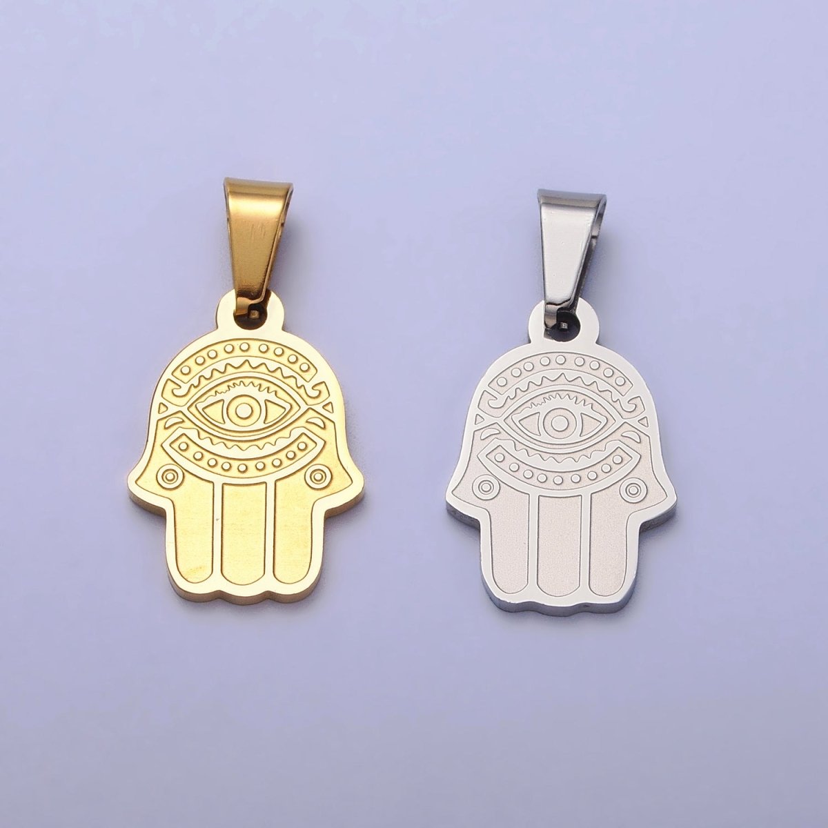 Stainless Steel Hamsa Hand Evil Eye Engraved Protection Pendant in Gold &amp; Silver J-700 J-704
