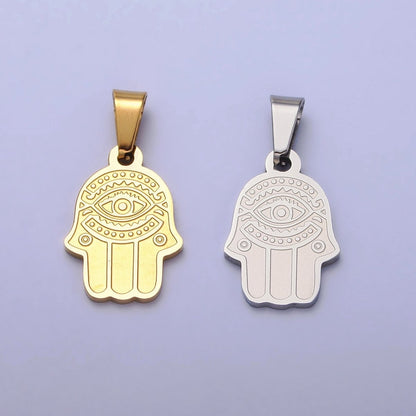 Stainless Steel Hamsa Hand Evil Eye Engraved Protection Pendant in Gold &amp; Silver J-700 J-704