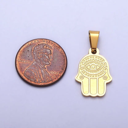 Stainless Steel Hamsa Hand Evil Eye Engraved Protection Pendant in Gold &amp; Silver J-700 J-704