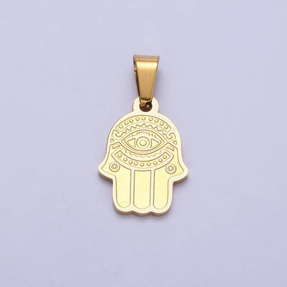 Stainless Steel Hamsa Hand Evil Eye Engraved Protection Pendant in Gold &amp; Silver J-700 J-704