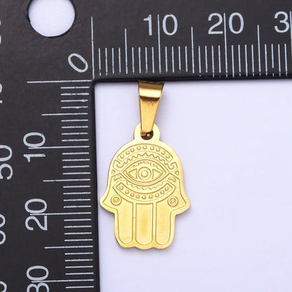 Stainless Steel Hamsa Hand Evil Eye Engraved Protection Pendant in Gold &amp; Silver J-700 J-704