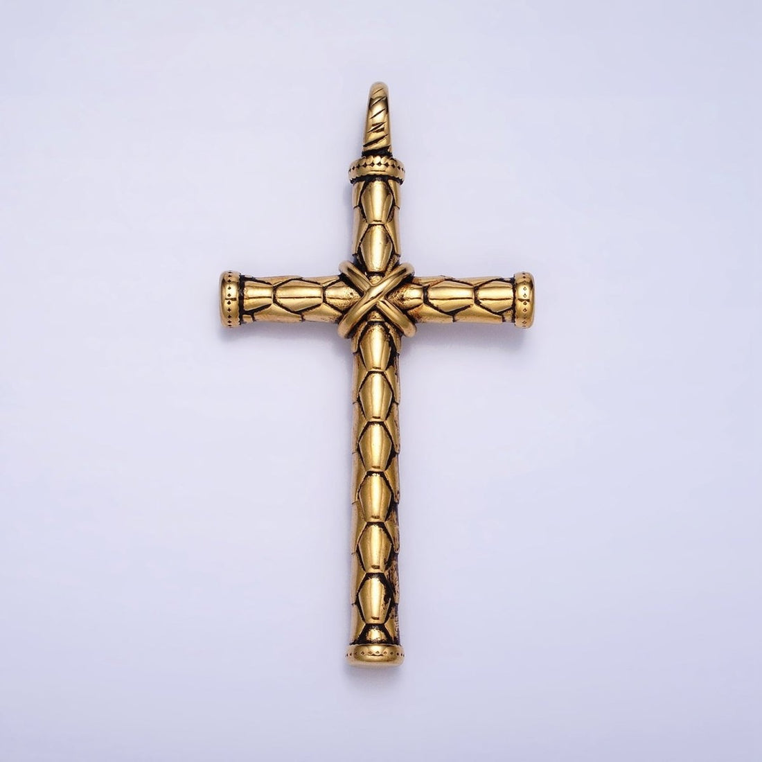 Stainless Steel Hexagon-Engraved Tied Religious Latin Cross Pendant in Gold &amp; Silver P-1143
