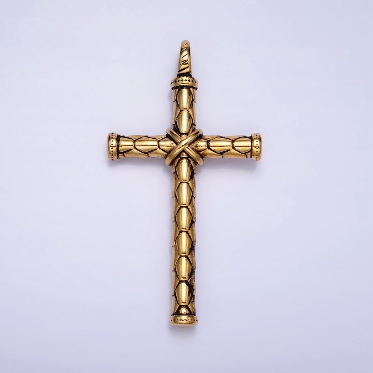 Stainless Steel Hexagon-Engraved Tied Religious Latin Cross Pendant in Gold &amp; Silver P-1143