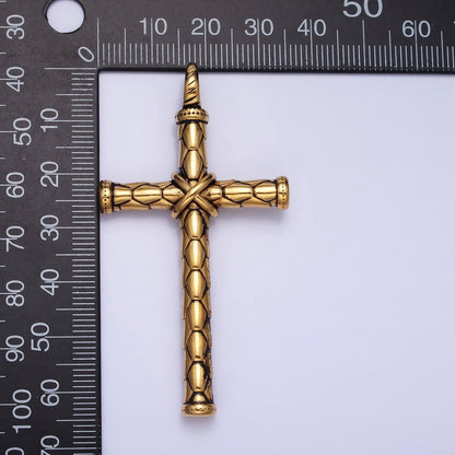 Stainless Steel Hexagon-Engraved Tied Religious Latin Cross Pendant in Gold &amp; Silver P-1143