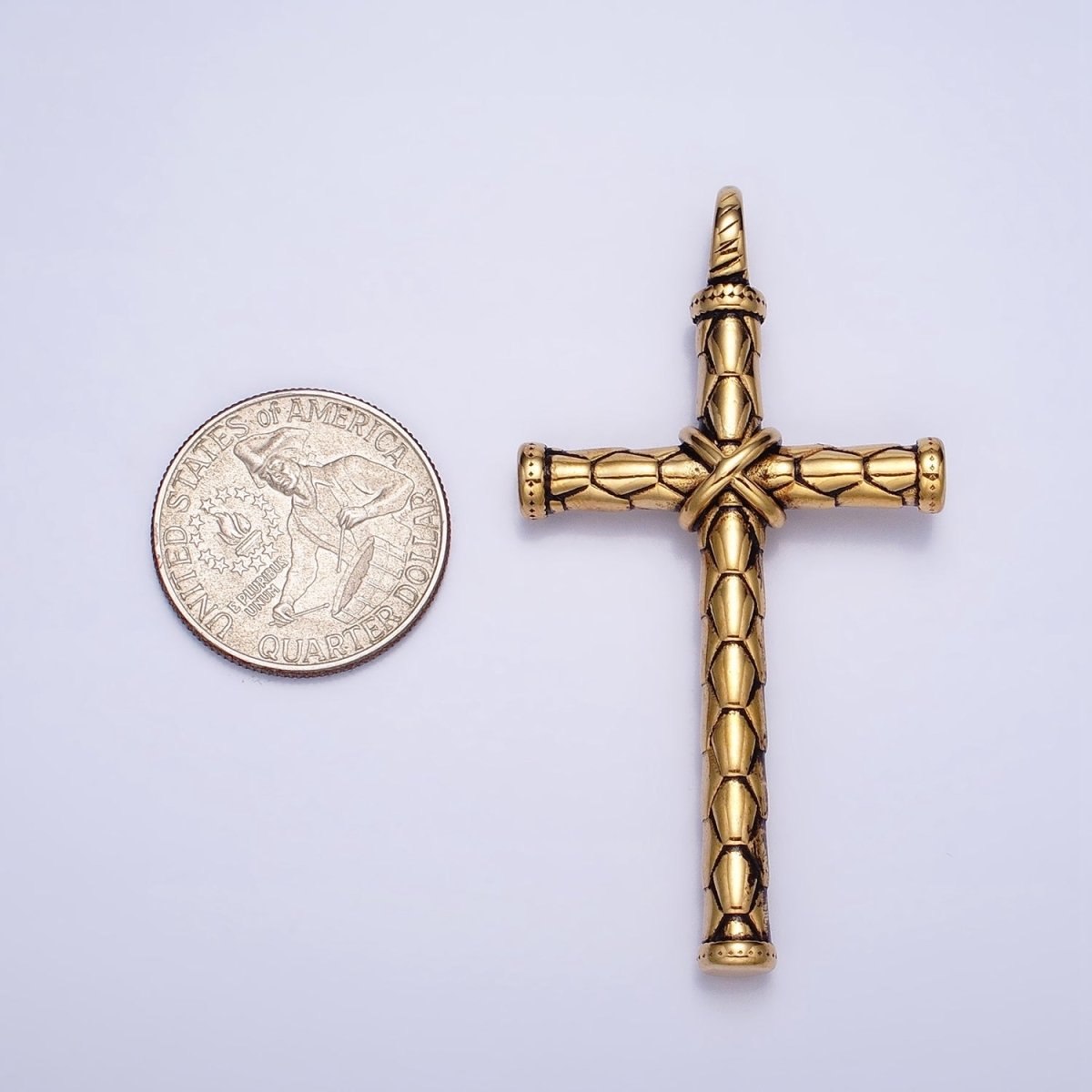 Stainless Steel Hexagon-Engraved Tied Religious Latin Cross Pendant in Gold &amp; Silver P-1143