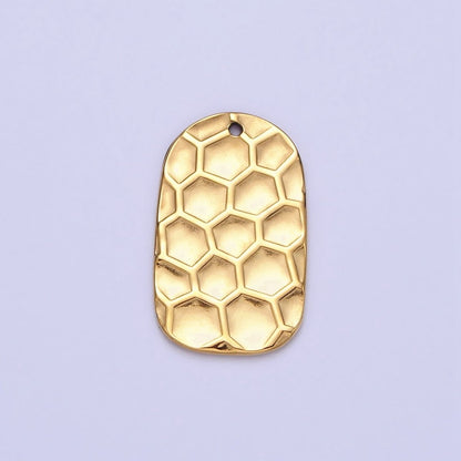 Stainless Steel Honey Comb Hammered Rectangular Tag Charm in Gold &amp; Silver | P-891