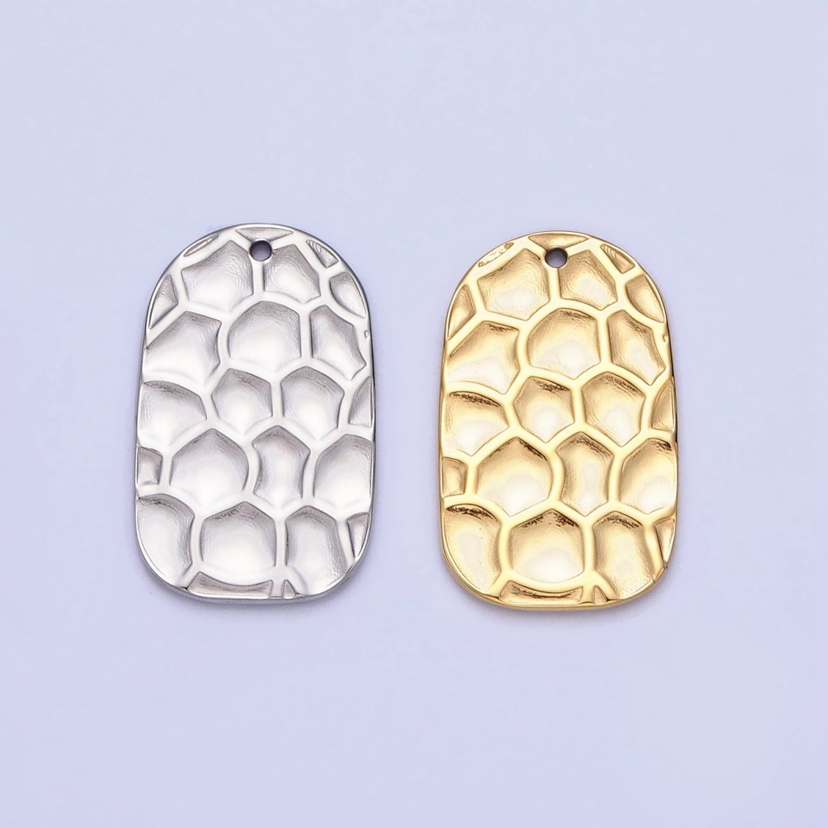 Stainless Steel Honey Comb Hammered Rectangular Tag Charm in Gold &amp; Silver | P-891
