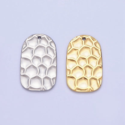 Stainless Steel Honey Comb Hammered Rectangular Tag Charm in Gold &amp; Silver | P-891