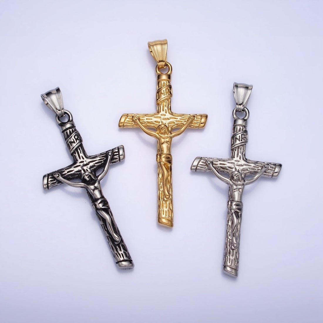 Stainless Steel INRI Crucifix Jesus Wood-Textured Cross 41.5mm Pendant in Gold, Silver &amp; Black P1153 P1154