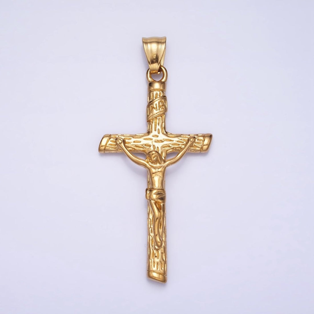 Stainless Steel INRI Crucifix Jesus Wood-Textured Cross 41.5mm Pendant in Gold, Silver &amp; Black P1153 P1154