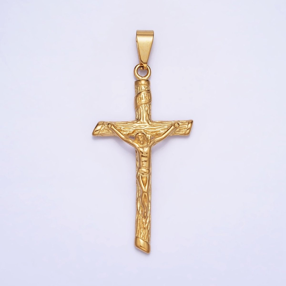 Stainless Steel INRI Crucifix Jesus Wood-Textured Cross 50mm Pendant in Gold &amp; Silver J-812 J-813