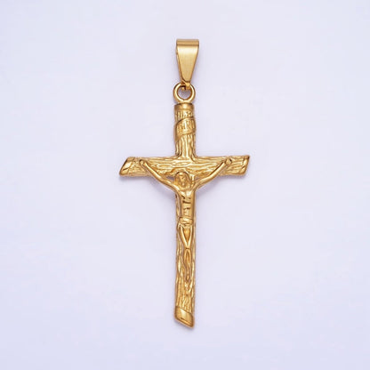 Stainless Steel INRI Crucifix Jesus Wood-Textured Cross 50mm Pendant in Gold &amp; Silver J-812 J-813
