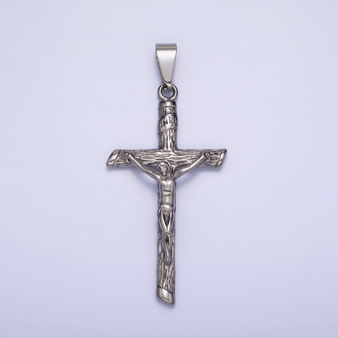 Stainless Steel INRI Crucifix Jesus Wood-Textured Cross 50mm Pendant in Gold &amp; Silver J-812 J-813