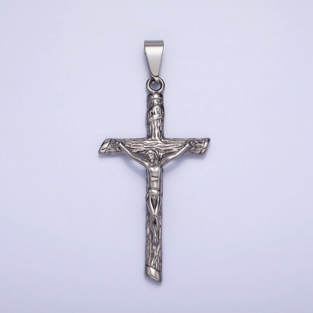 Stainless Steel INRI Crucifix Jesus Wood-Textured Cross 50mm Pendant in Gold &amp; Silver J-812 J-813