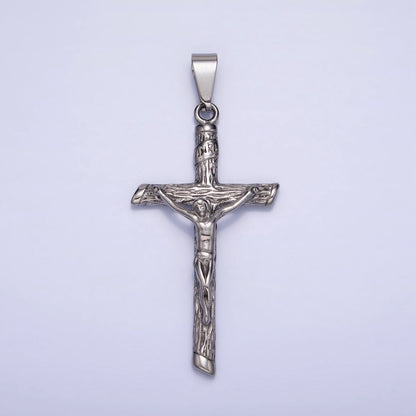 Stainless Steel INRI Crucifix Jesus Wood-Textured Cross 50mm Pendant in Gold &amp; Silver J-812 J-813