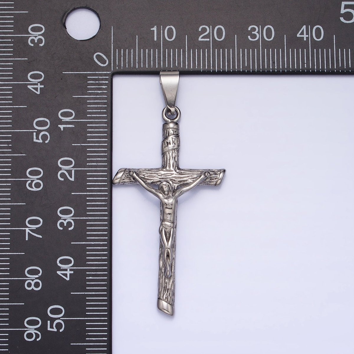 Stainless Steel INRI Crucifix Jesus Wood-Textured Cross 50mm Pendant in Gold &amp; Silver J-812 J-813