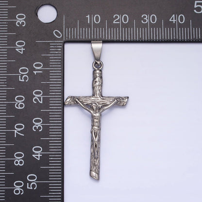 Stainless Steel INRI Crucifix Jesus Wood-Textured Cross 50mm Pendant in Gold &amp; Silver J-812 J-813