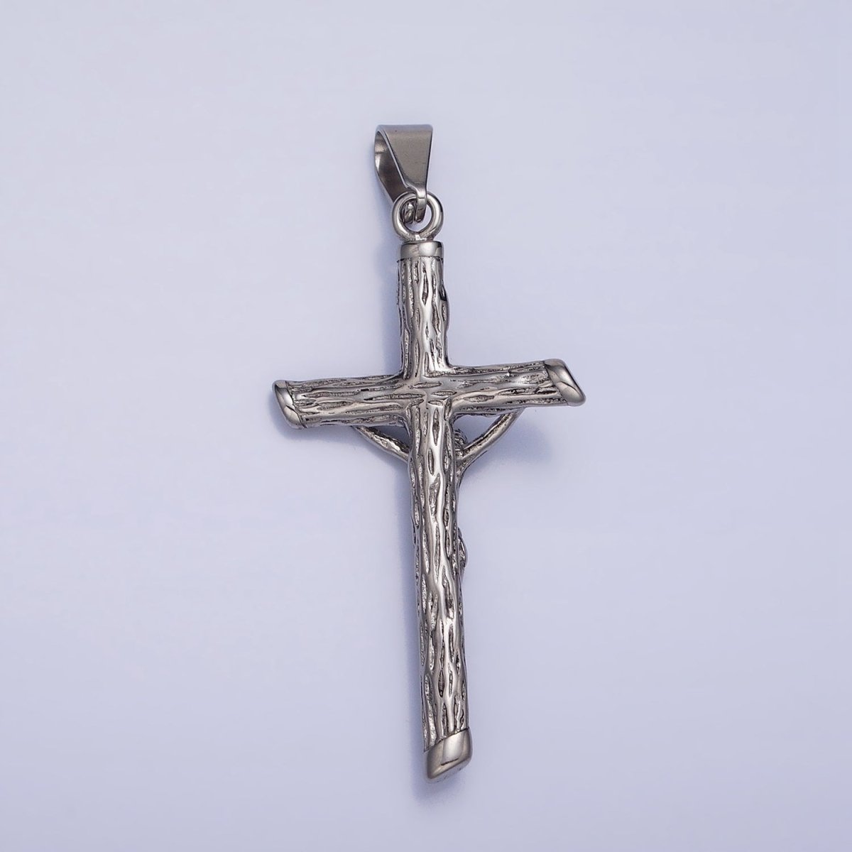 Stainless Steel INRI Crucifix Jesus Wood-Textured Cross 50mm Pendant in Gold &amp; Silver J-812 J-813