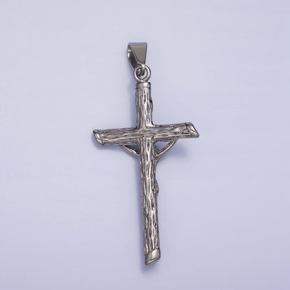 Stainless Steel INRI Crucifix Jesus Wood-Textured Cross 50mm Pendant in Gold &amp; Silver J-812 J-813