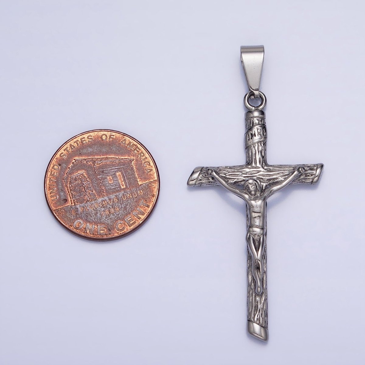 Stainless Steel INRI Crucifix Jesus Wood-Textured Cross 50mm Pendant in Gold &amp; Silver J-812 J-813