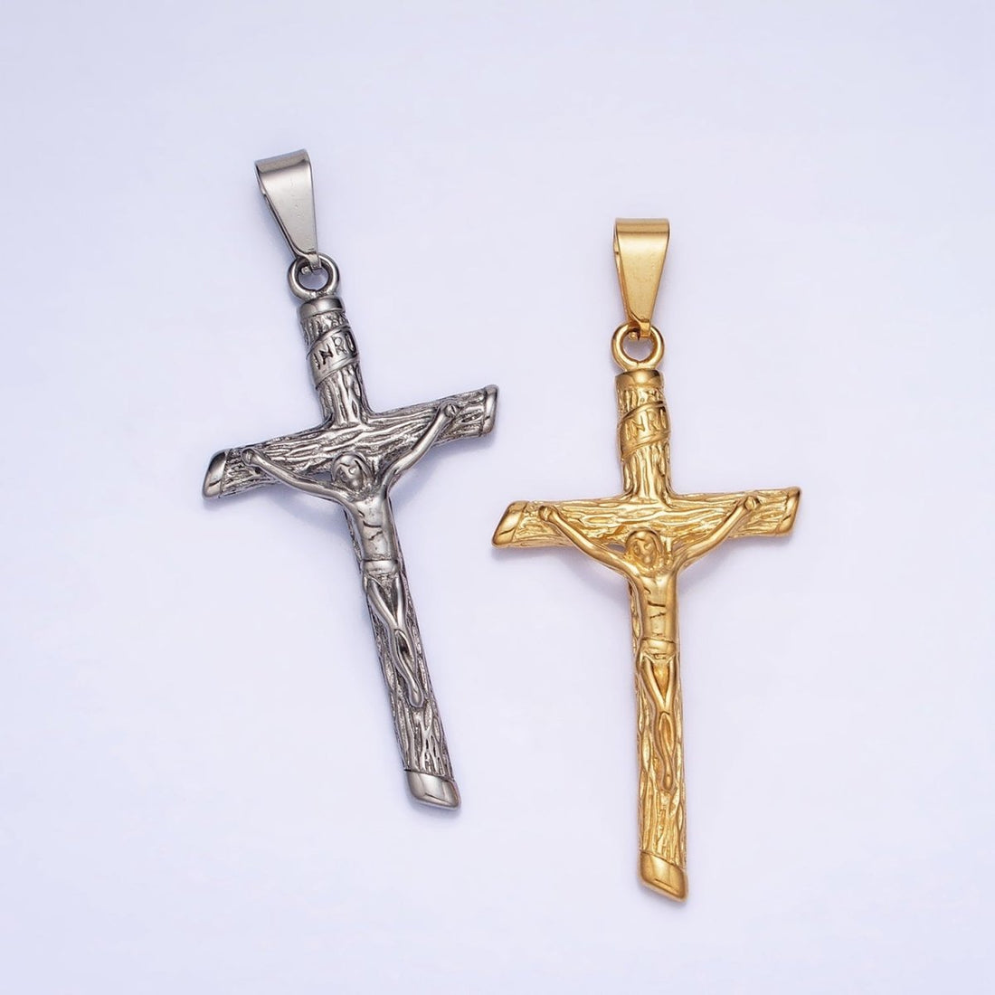 Stainless Steel INRI Crucifix Jesus Wood-Textured Cross 50mm Pendant in Gold &amp; Silver J-812 J-813