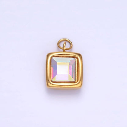 Stainless Steel Iridescent AB CZ Square Bezel Charm | P983
