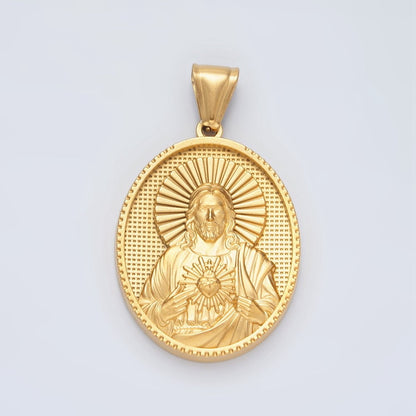 Stainless Steel Jesus Sacred Heart Textured Oval Pendant | P1468