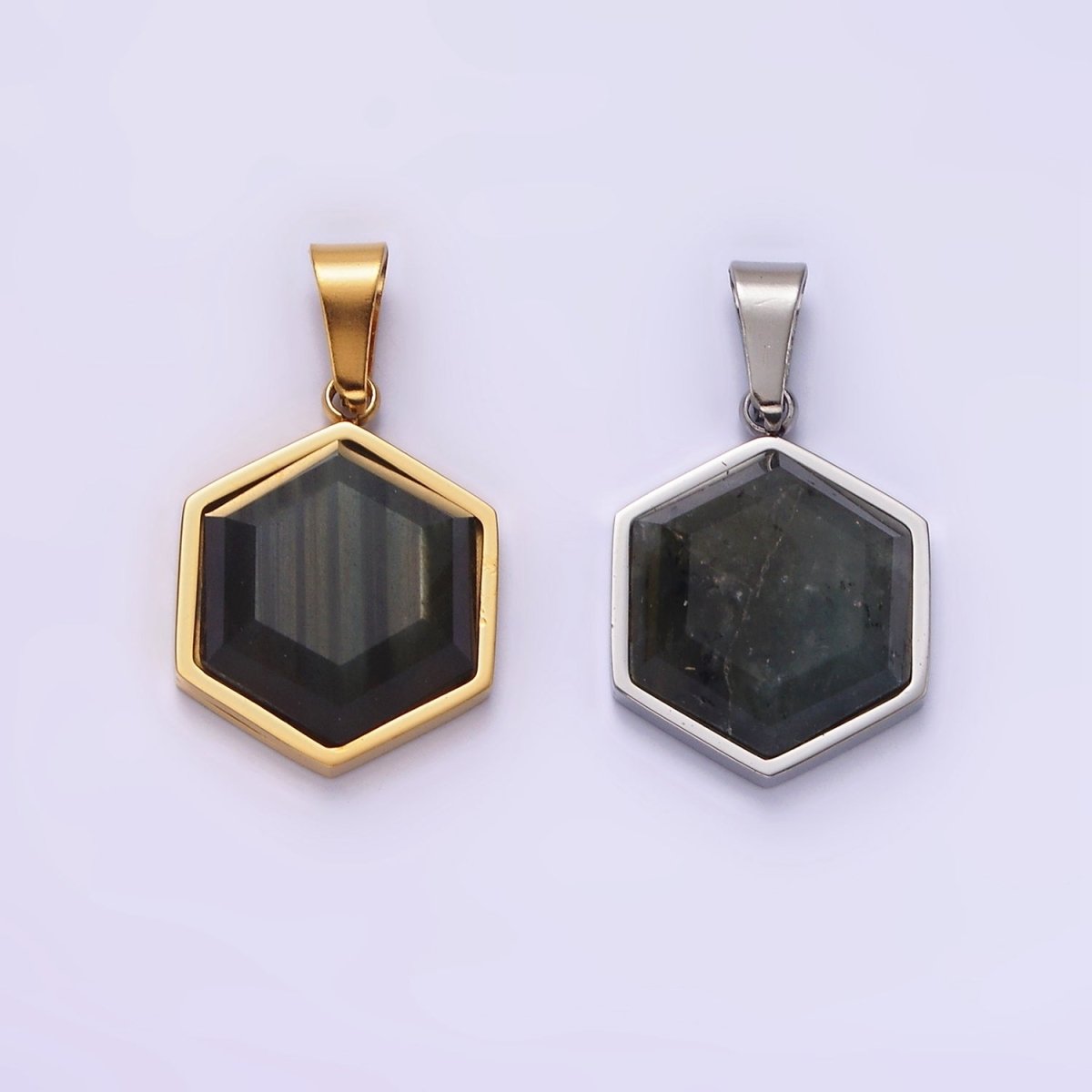 Stainless Steel Labradorite Hexagonal Bezel Pendant in Gold &amp; Silver | P1052
