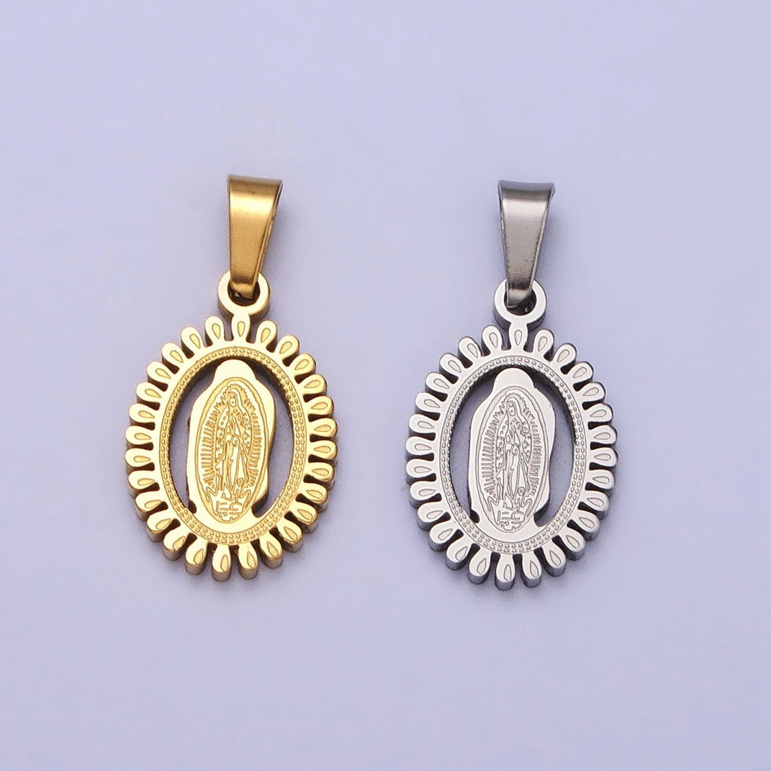 Stainless Steel Lady Guadalupe Virgin Mary Open Oval Pendant in Gold &amp; Silver J-626 J-639