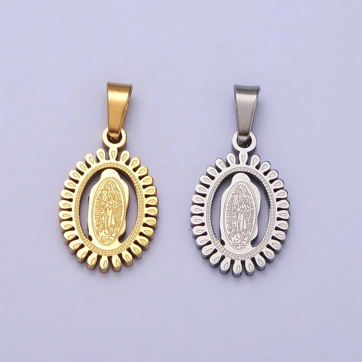 Stainless Steel Lady Guadalupe Virgin Mary Open Oval Pendant in Gold &amp; Silver J-626 J-639