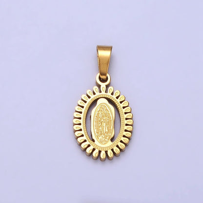 Stainless Steel Lady Guadalupe Virgin Mary Open Oval Pendant in Gold &amp; Silver J-626 J-639