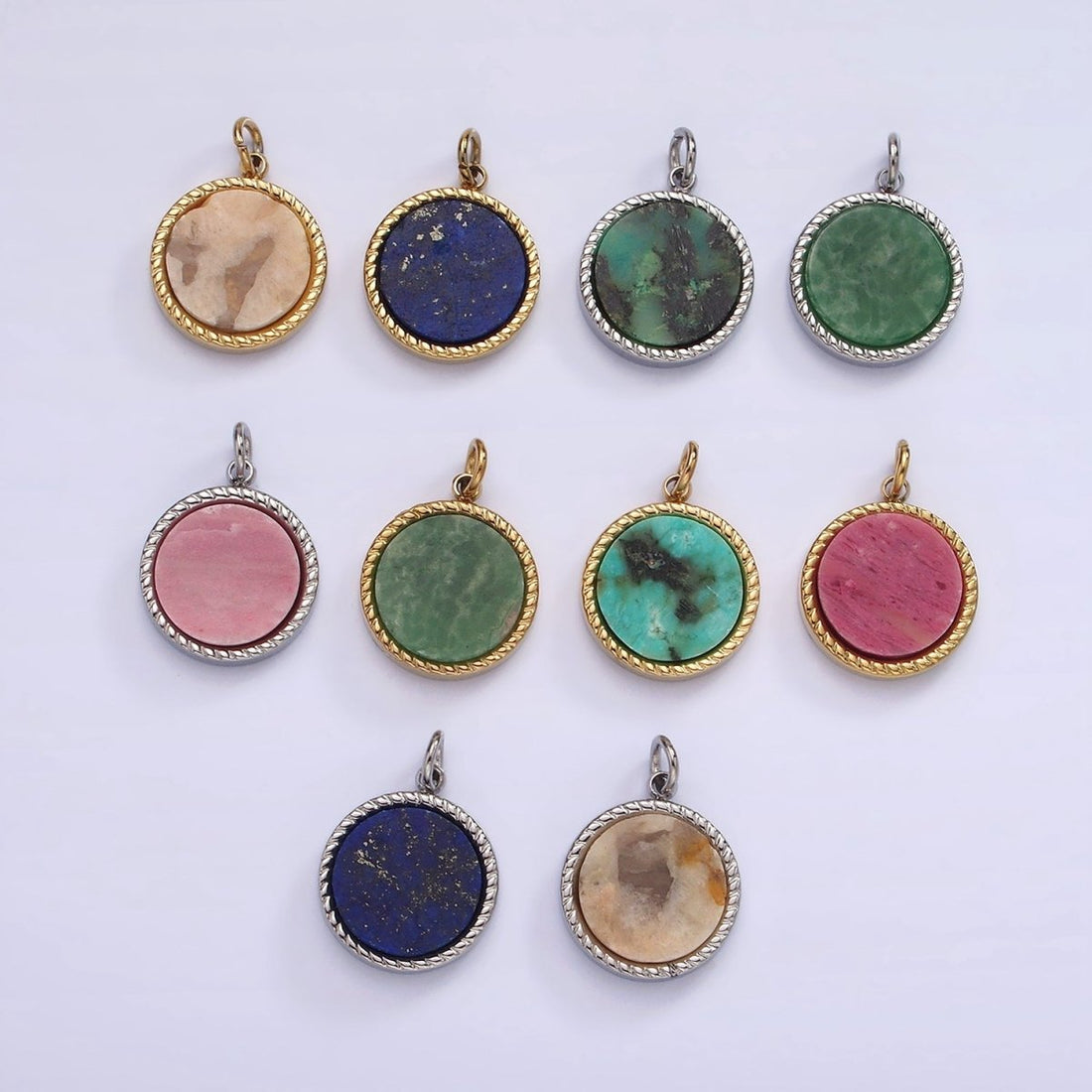 Stainless Steel Lapis Lazuli, Sunstone, Zoisite, Tourmaline, Aventurine Braided Round Charm in Gold &amp; Silver | P-698 ~P-707