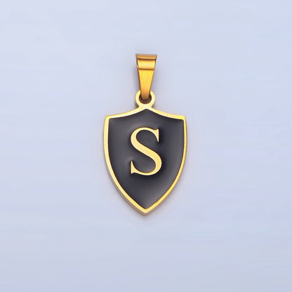Stainless Steel Letter Initial Shield Black-White Enamel Double Sided Charm | A-A1617-A-A1629