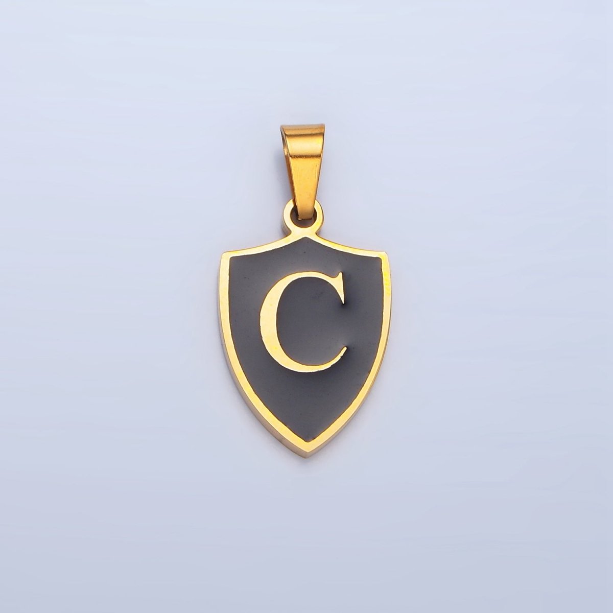 Stainless Steel Letter Initial Shield Black-White Enamel Double Sided Charm | A-A1617-A-A1629