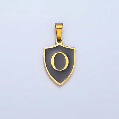 Stainless Steel Letter Initial Shield Black-White Enamel Double Sided Charm | A-A1617-A-A1629