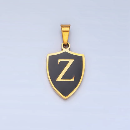 Stainless Steel Letter Initial Shield Black-White Enamel Double Sided Charm | A-A1617-A-A1629