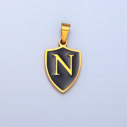 Stainless Steel Letter Initial Shield Black-White Enamel Double Sided Charm | A-A1617-A-A1629
