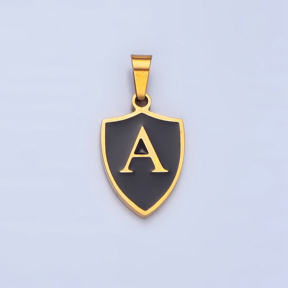 Stainless Steel Letter Initial Shield Black-White Enamel Double Sided Charm | A-A1617-A-A1629