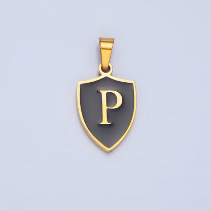Stainless Steel Letter Initial Shield Black-White Enamel Double Sided Charm | A-A1617-A-A1629
