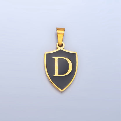 Stainless Steel Letter Initial Shield Black-White Enamel Double Sided Charm | A-A1617-A-A1629