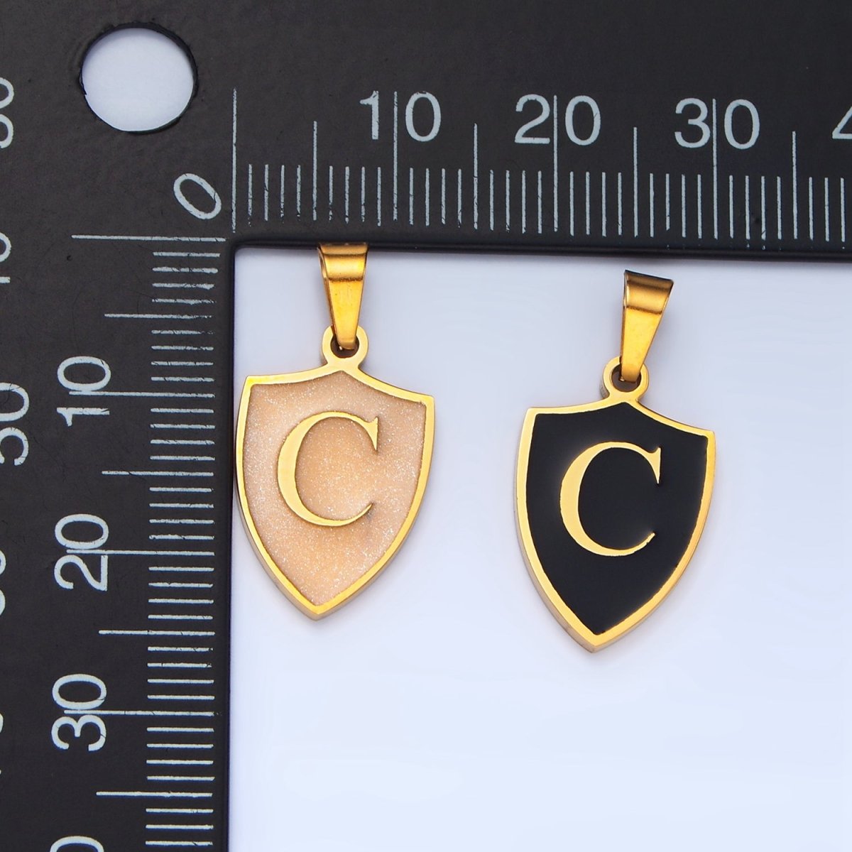 Stainless Steel Letter Initial Shield Black-White Enamel Double Sided Charm | A-A1617-A-A1629