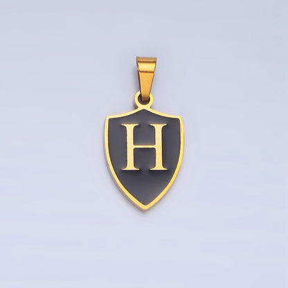 Stainless Steel Letter Initial Shield Black-White Enamel Double Sided Charm | A-A1617-A-A1629