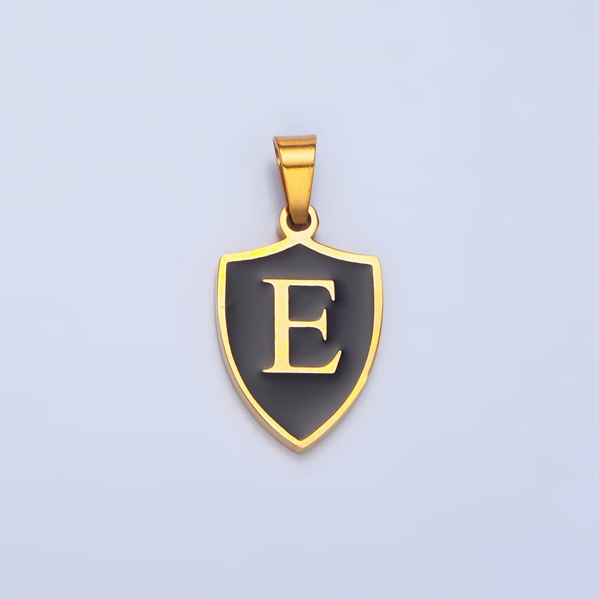Stainless Steel Letter Initial Shield Black-White Enamel Double Sided Charm | A-A1617-A-A1629