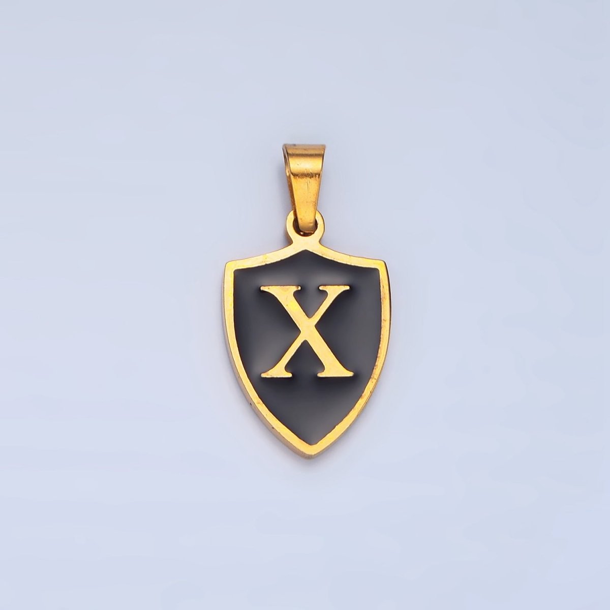 Stainless Steel Letter Initial Shield Black-White Enamel Double Sided Charm | A-A1617-A-A1629