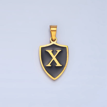Stainless Steel Letter Initial Shield Black-White Enamel Double Sided Charm | A-A1617-A-A1629