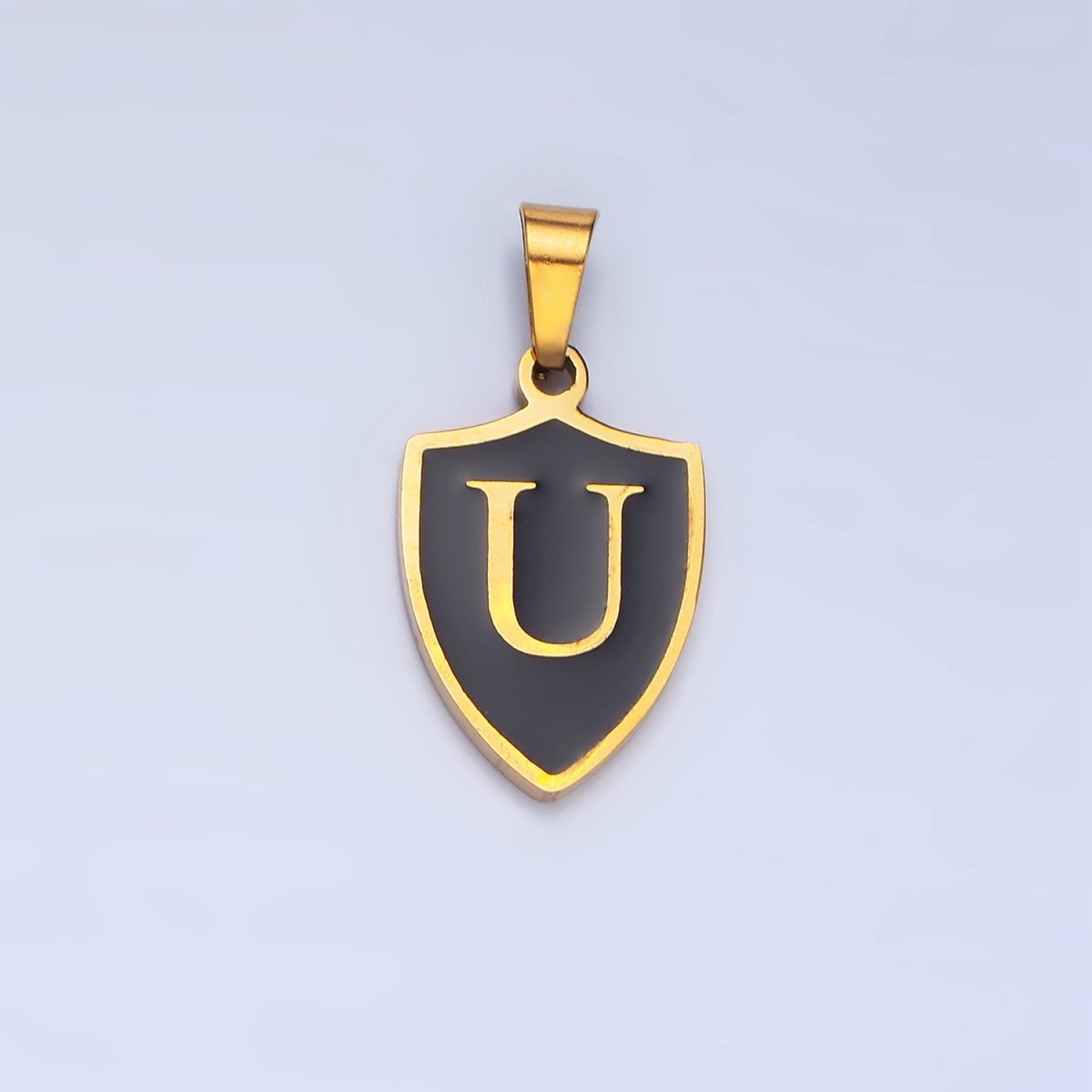 Stainless Steel Letter Initial Shield Black-White Enamel Double Sided Charm | A-A1617-A-A1629