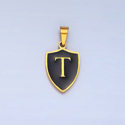 Stainless Steel Letter Initial Shield Black-White Enamel Double Sided Charm | A-A1617-A-A1629