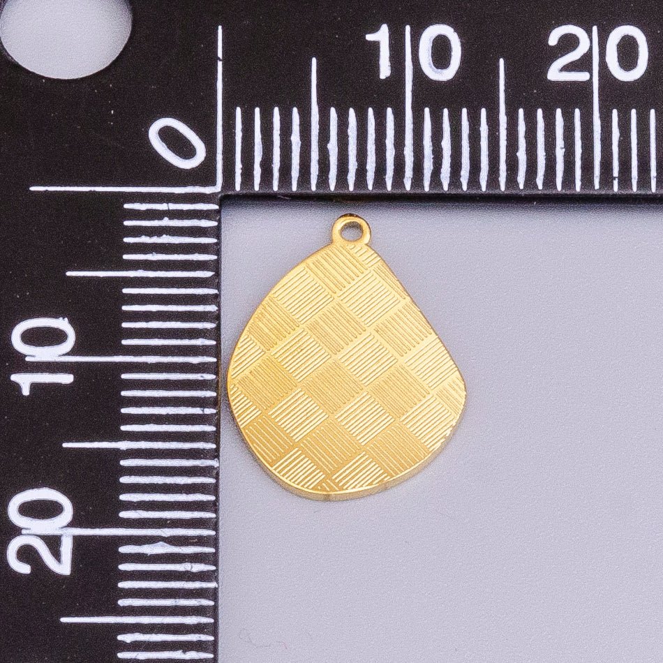 Stainless Steel Line Engraved Checkered Abstract Pear-Shaped Charm in Gold &amp; Silver | P-918